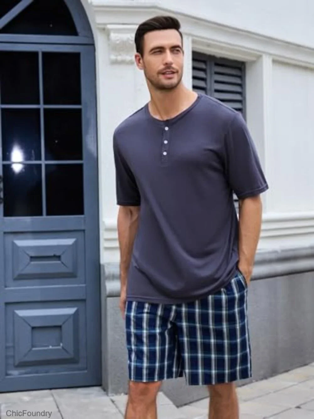Men's Bamboo Viscose Cotton Pajama Set Short Sleeve Henley Lounge Sleepwear